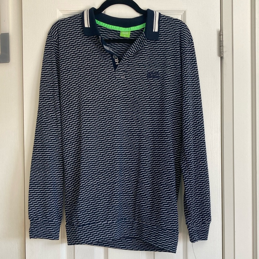 Hugo Boss Navy and White Striped Polo Shirt
